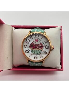 Betsey Johnson Cupcake Watch Mint Green Polka Dot Strap Band NEEDS BATTERY